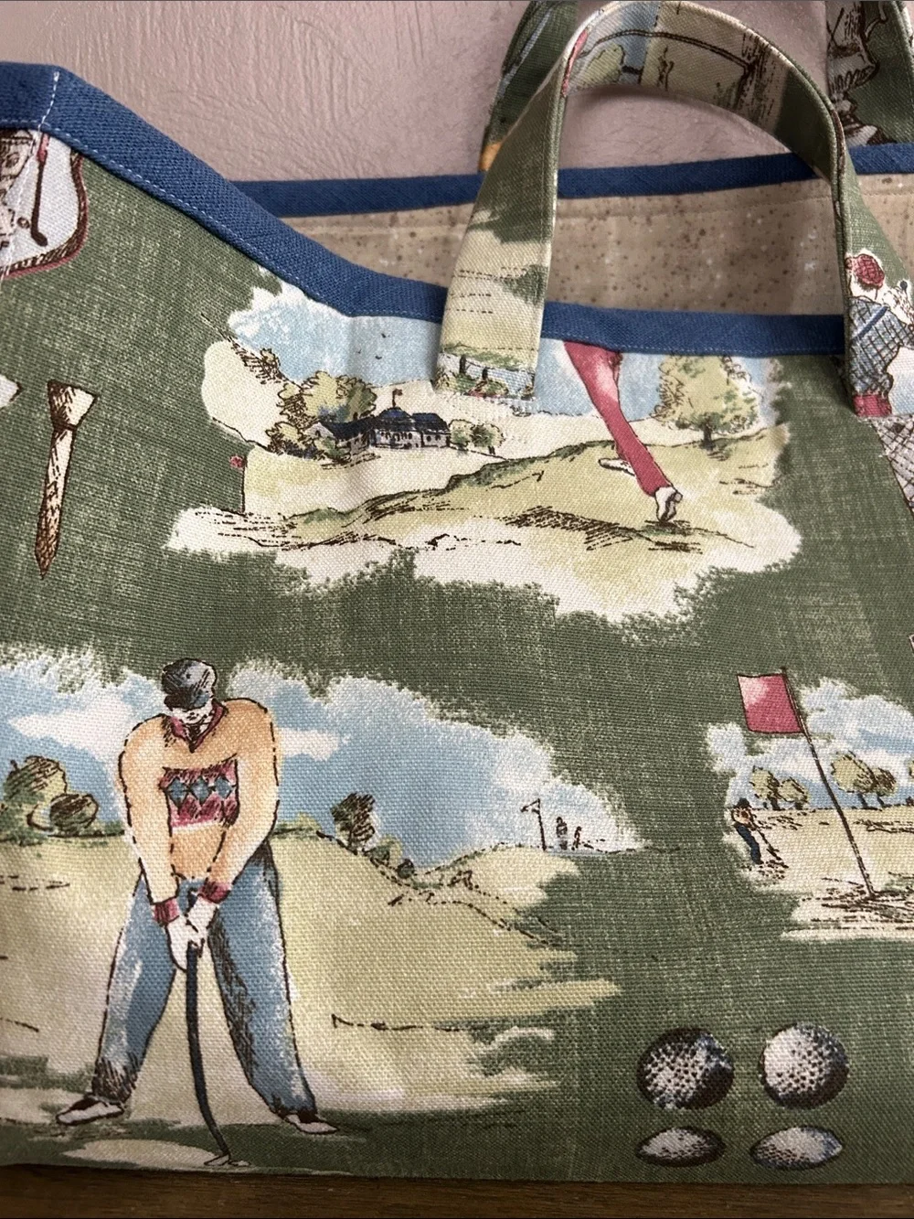 Vintage Handmade Toile Pattern Canvas Green Golf-Print Open Tote Bag.